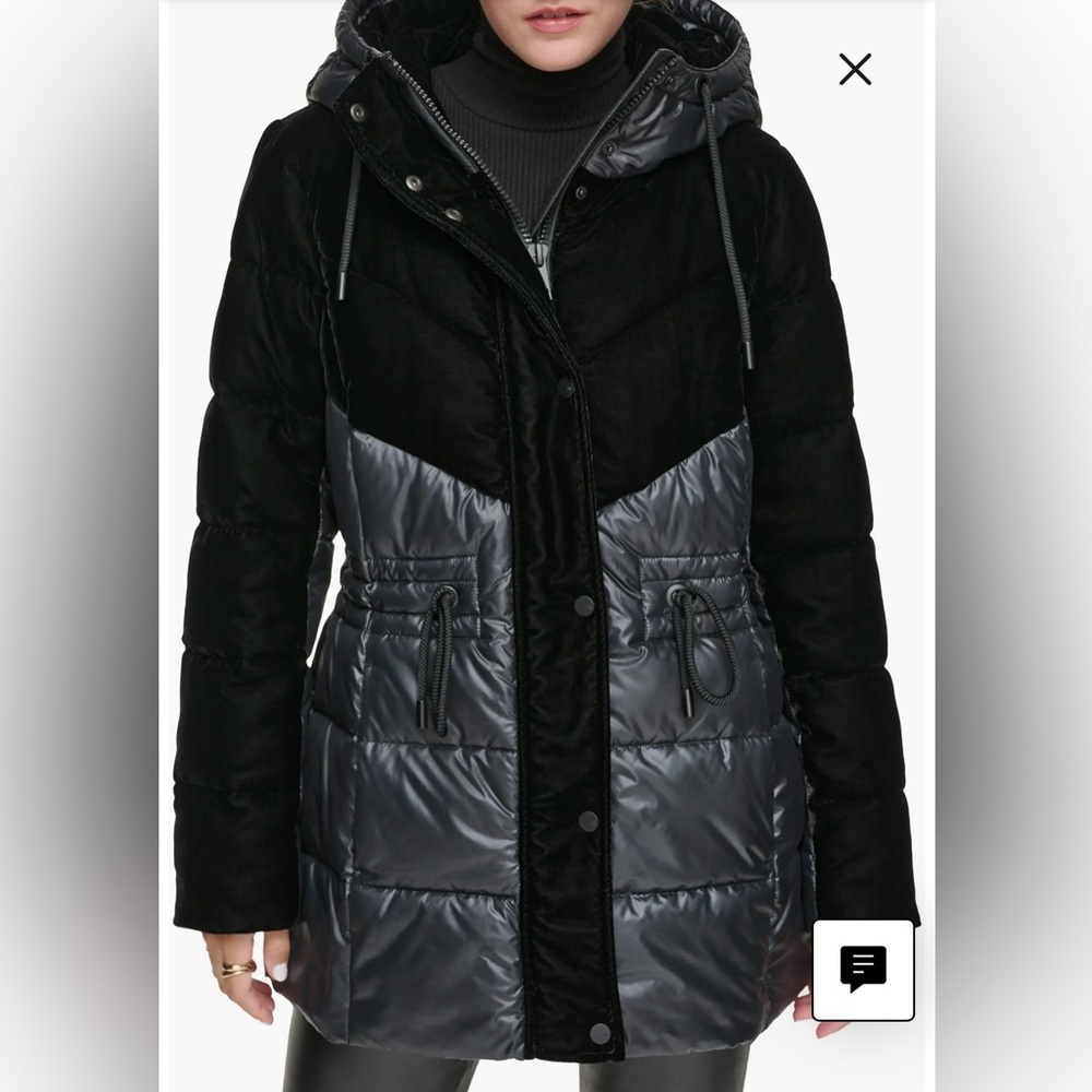 Andrew Marc Black Velvet Hooded Puffer Jacket, Size Small